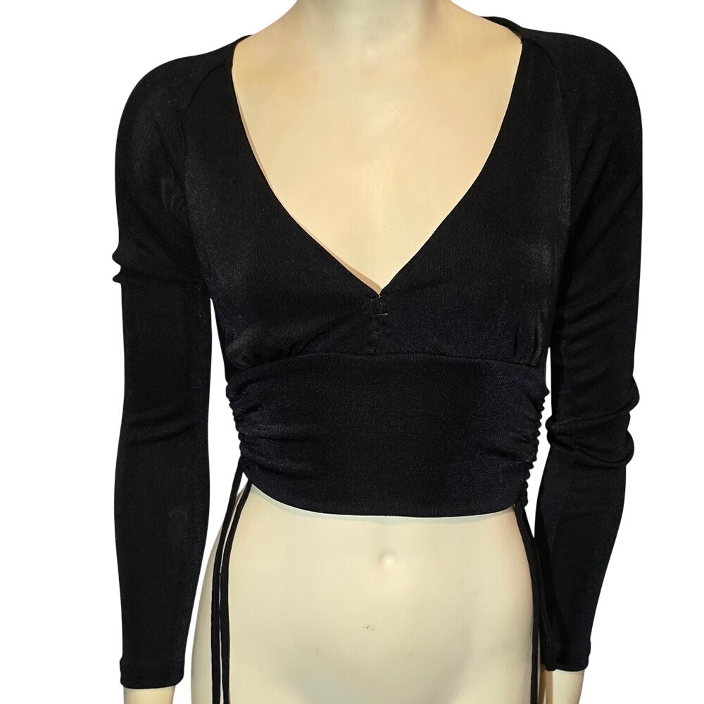 Forever 21 Crop Top Womens XS Black‎ Ruched Side Tie Shimmer V-Neck